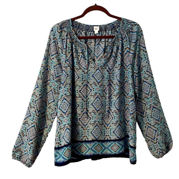 GAP print bohemian blouse in aqua, brown, navy, and black size Large - Picture 1 of 9